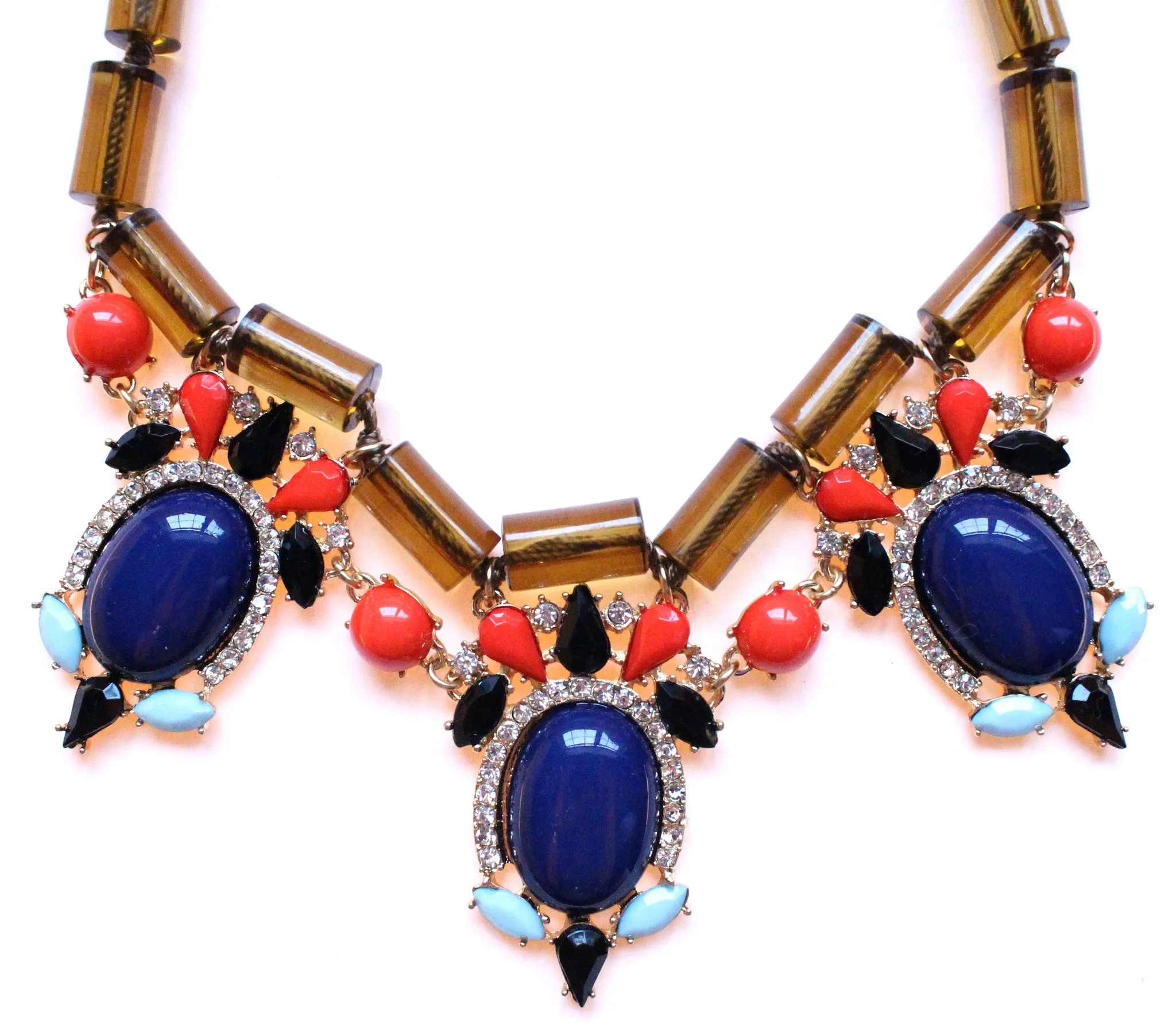 Colorful Beaded & Jeweled Statement Necklace- Brown & Navy
