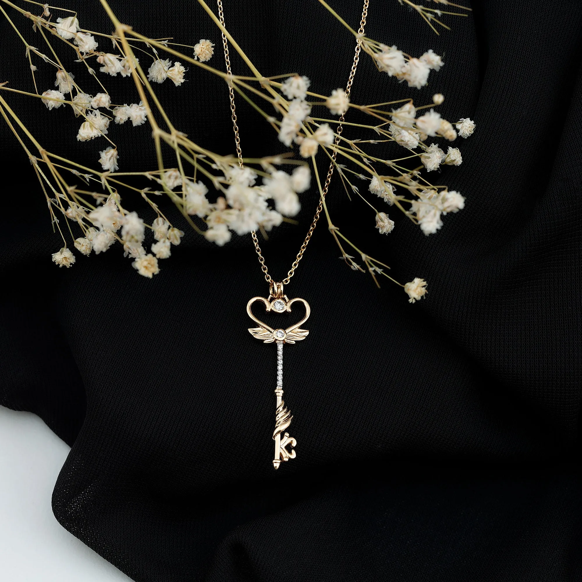 Diamond Heart Key Pendant Necklace with Angel Wings
