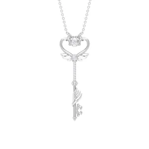 Diamond Heart Key Pendant Necklace with Angel Wings