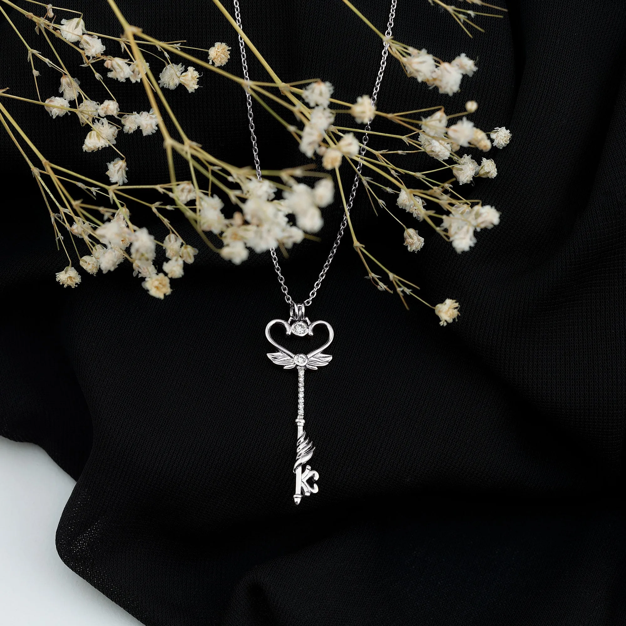 Diamond Heart Key Pendant Necklace with Angel Wings