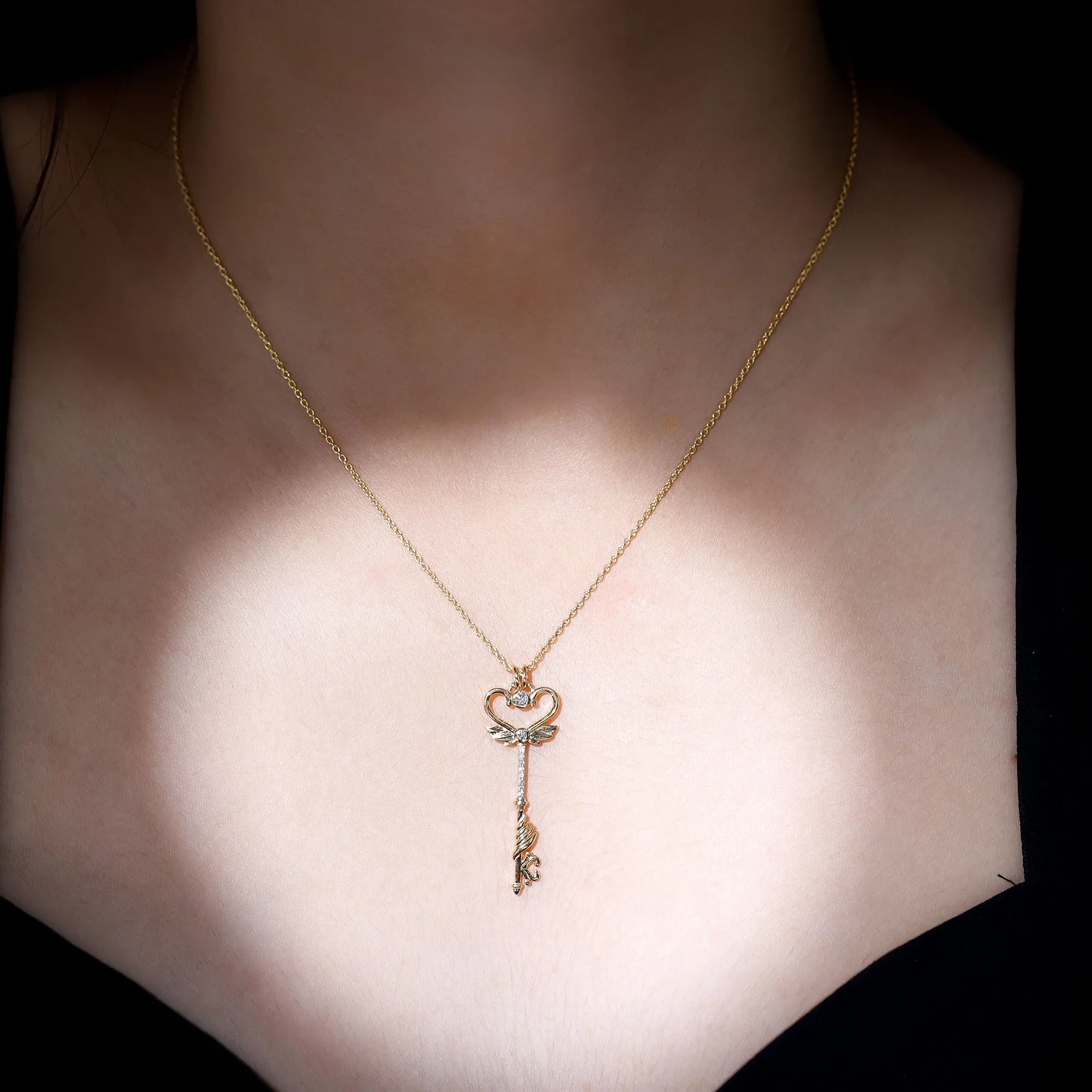 Diamond Heart Key Pendant Necklace with Angel Wings