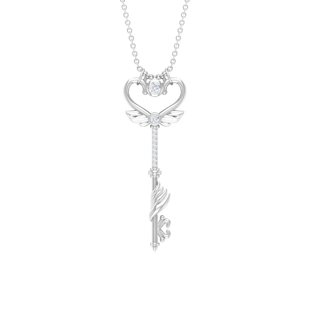 Diamond Heart Key Pendant Necklace with Angel Wings