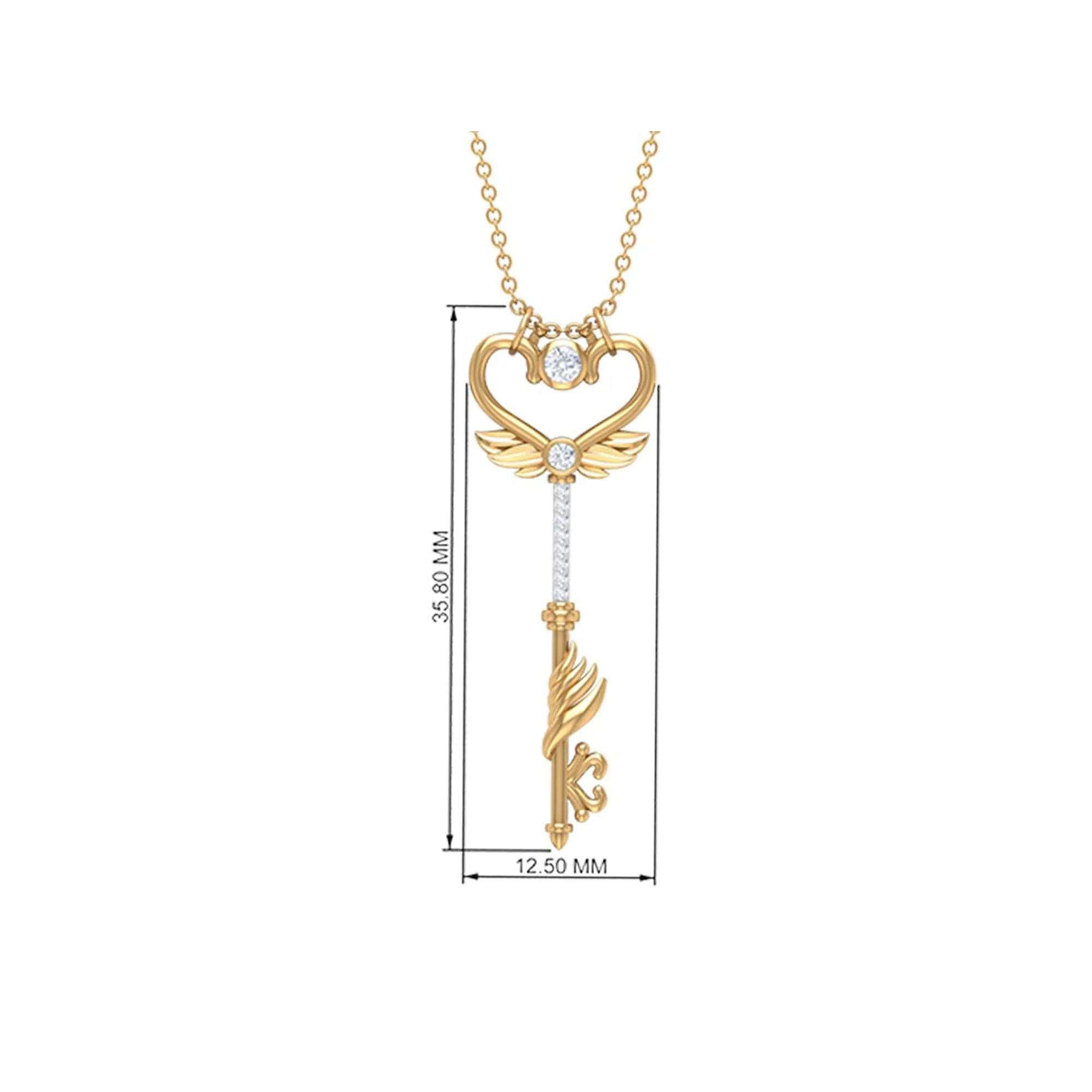 Diamond Heart Key Pendant Necklace with Angel Wings