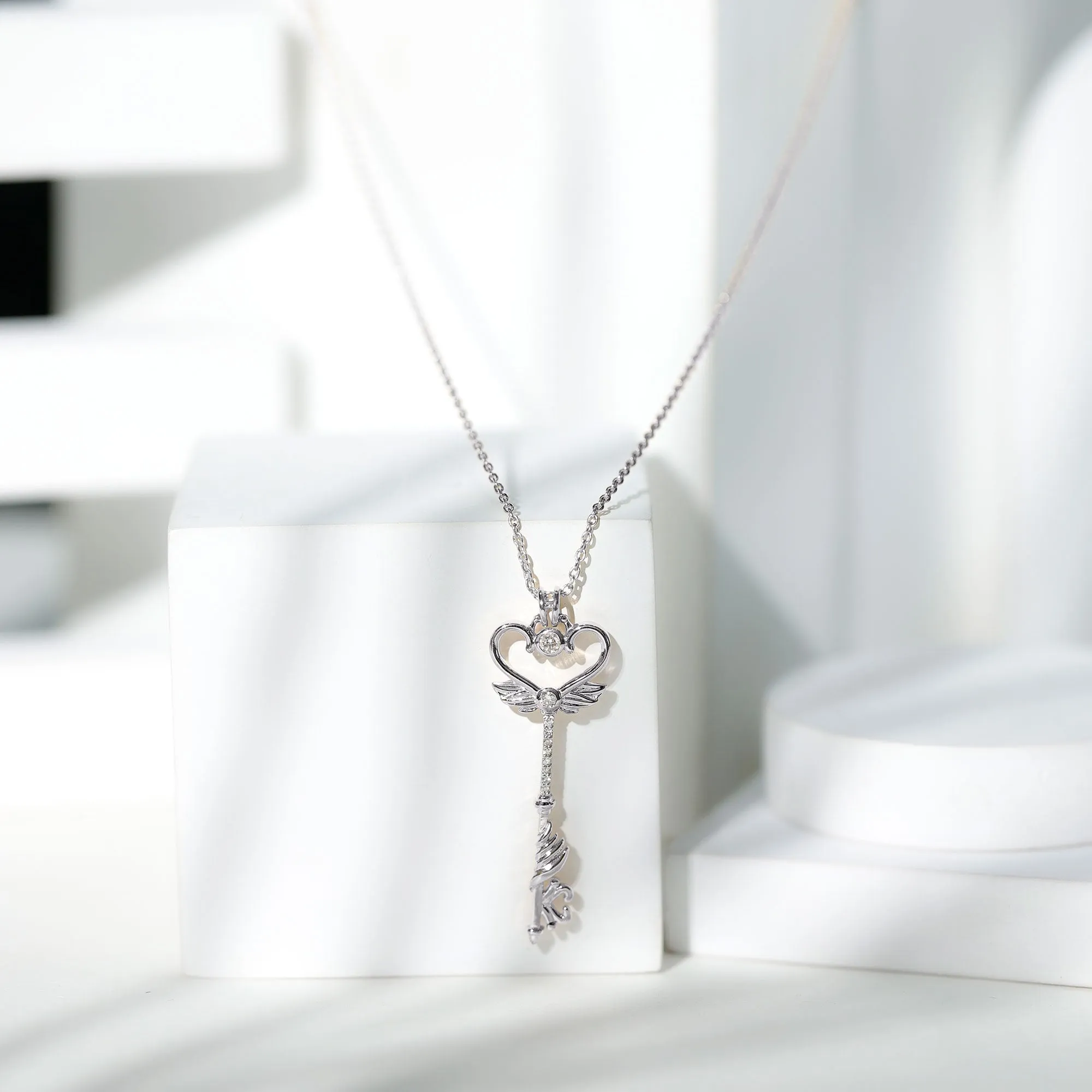 Diamond Heart Key Pendant Necklace with Angel Wings
