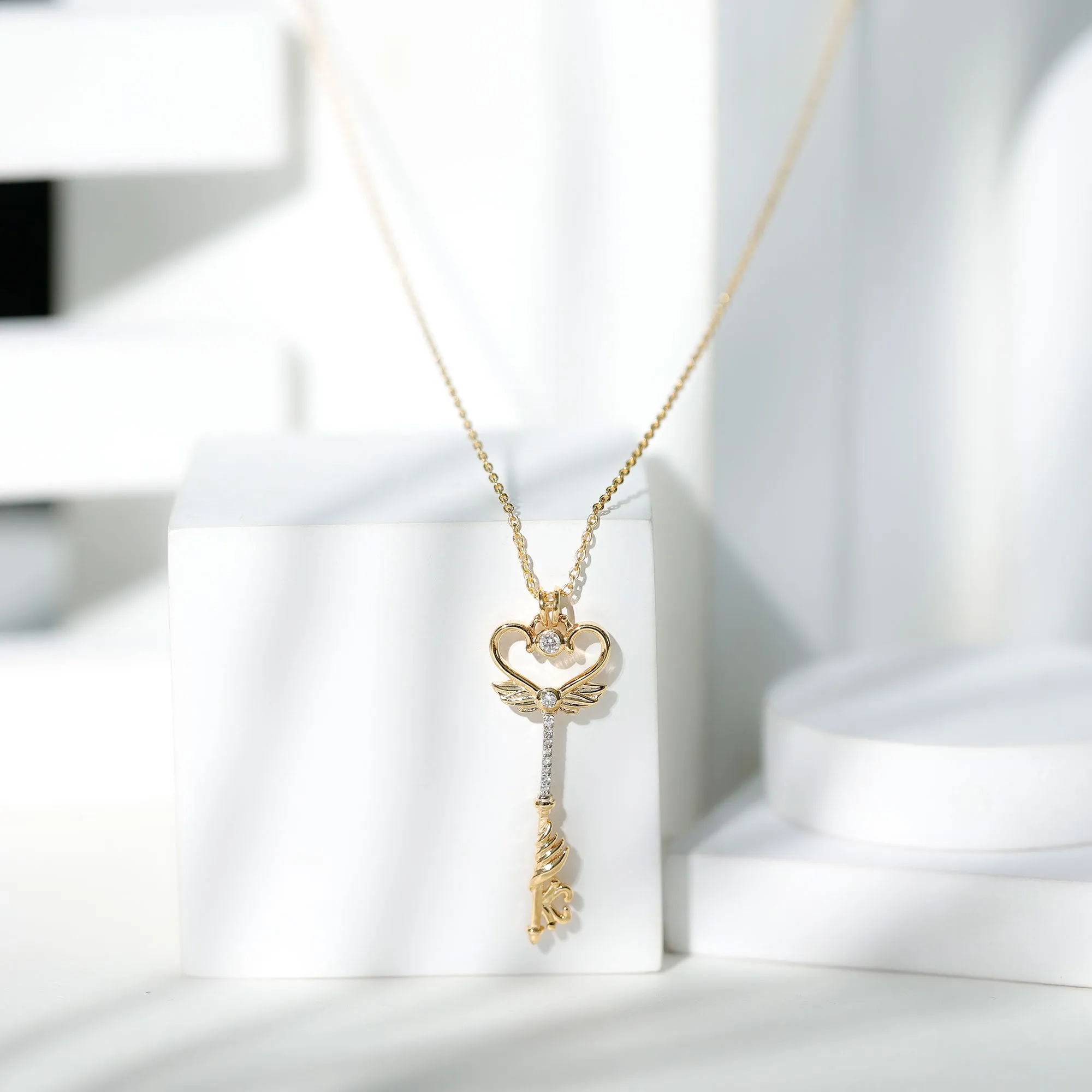Diamond Heart Key Pendant Necklace with Angel Wings