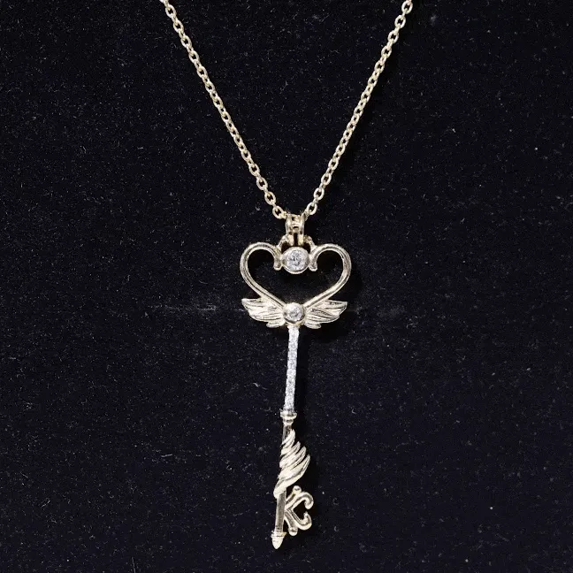 Diamond Heart Key Pendant Necklace with Angel Wings