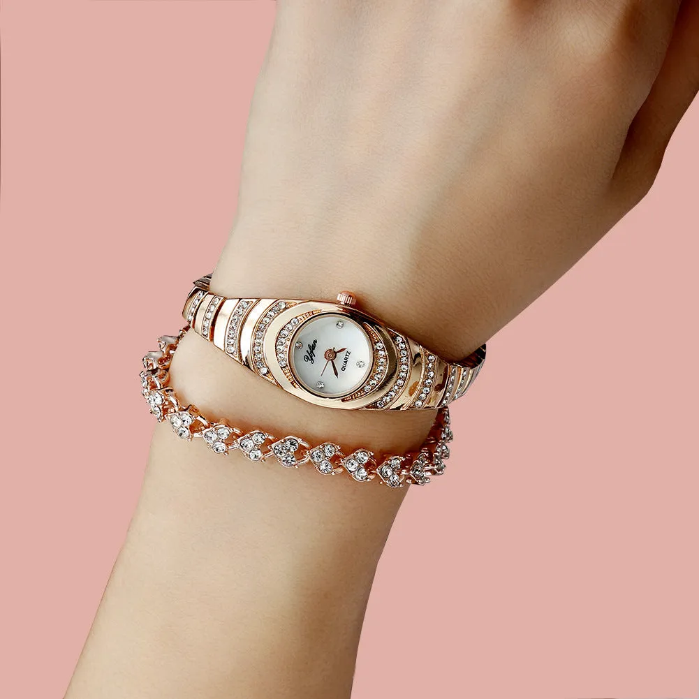 Diamond Luxury Small Fresh Bracelet Bracelet Quartz Watch plus Bracelet (2pcs/Set)