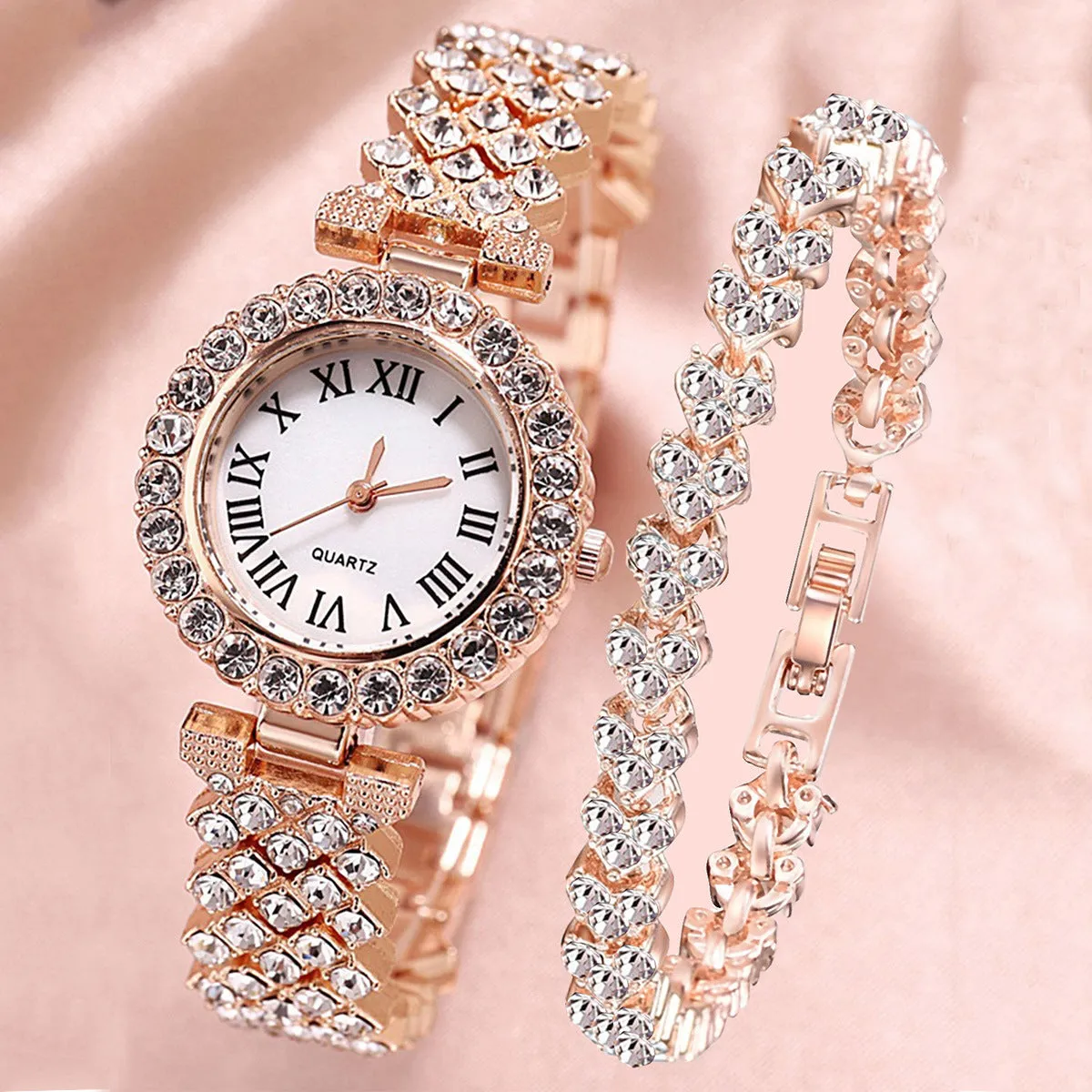 Diamond Luxury Small Fresh Bracelet Bracelet Quartz Watch plus Bracelet (2pcs/Set)