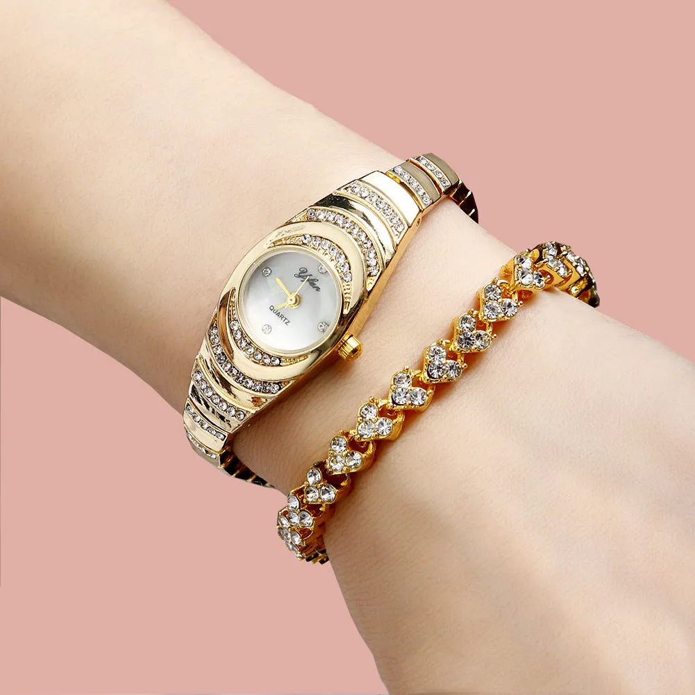 Diamond Luxury Small Fresh Bracelet Bracelet Quartz Watch plus Bracelet (2pcs/Set)
