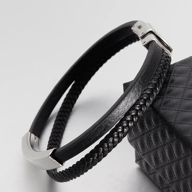 Double Layer Leather Rope Bracelet Men's Stainless Steel Genuine Leather Leather Bracelet Handmade Leather Bracelet Buckle Bracelet Jewelry