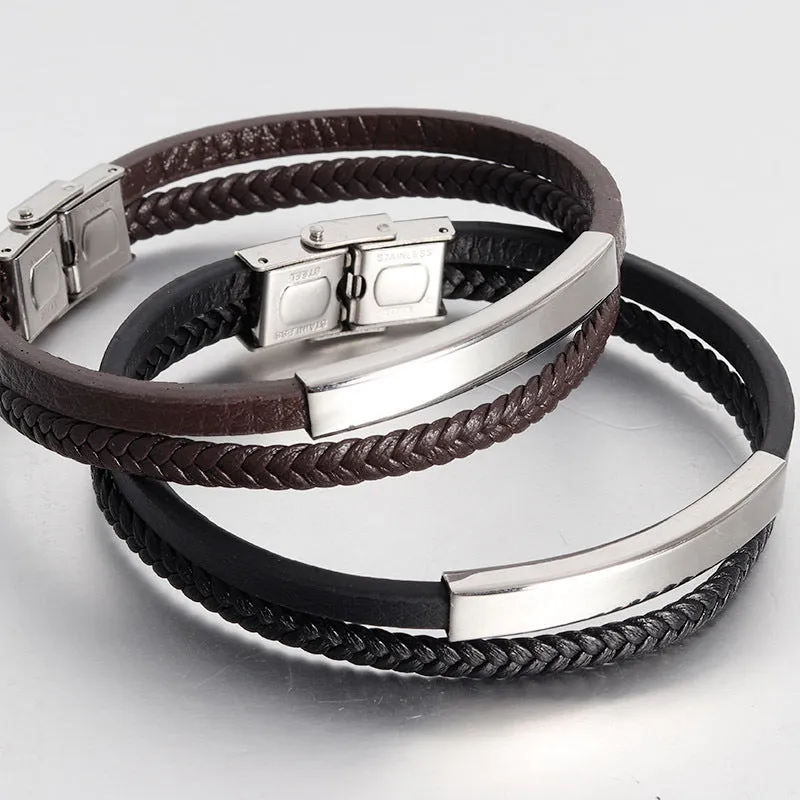 Double Layer Leather Rope Bracelet Men's Stainless Steel Genuine Leather Leather Bracelet Handmade Leather Bracelet Buckle Bracelet Jewelry