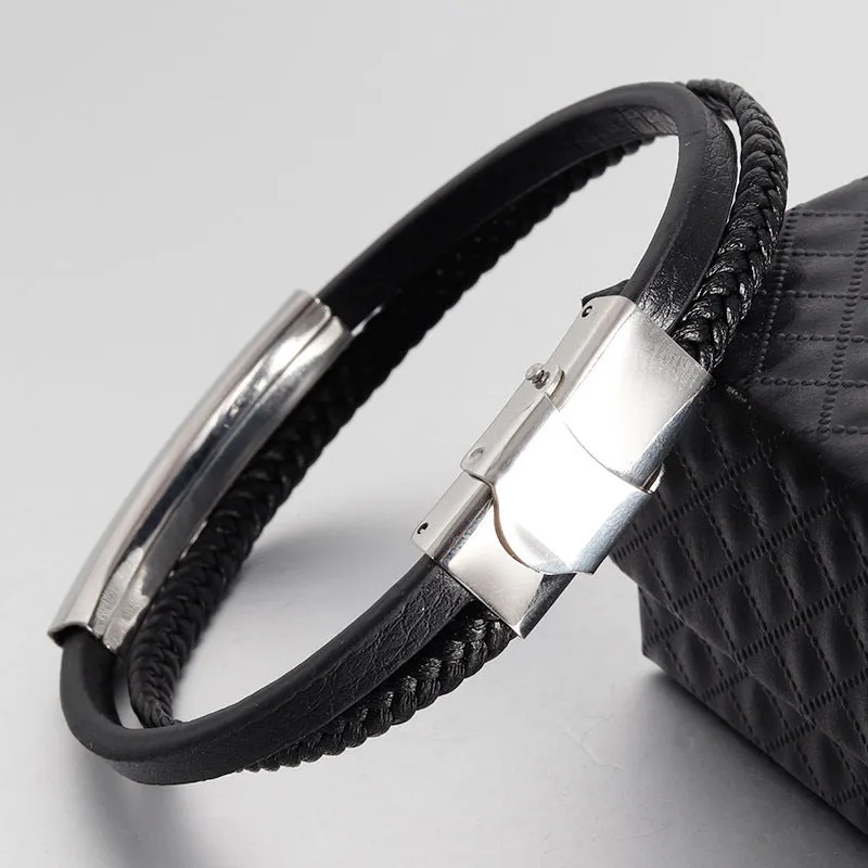 Double Layer Leather Rope Bracelet Men's Stainless Steel Genuine Leather Leather Bracelet Handmade Leather Bracelet Buckle Bracelet Jewelry