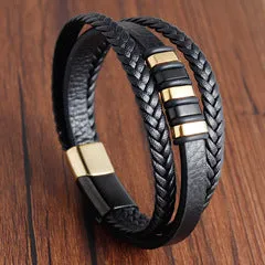 Double Layer Leather Rope Bracelet Men's Stainless Steel Genuine Leather Leather Bracelet Handmade Leather Bracelet Buckle Bracelet Jewelry