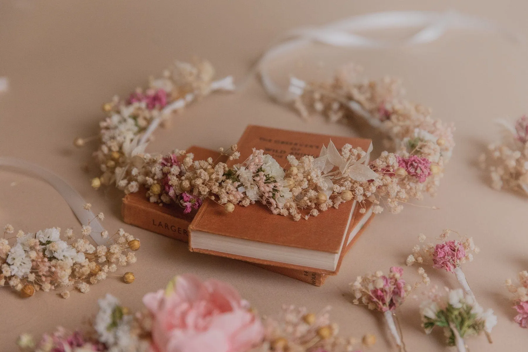 Dried Gypsophila & Pink Details Bridal Boho Wedding Crown / Real Dried Flower Crown / Boho Flower Crown