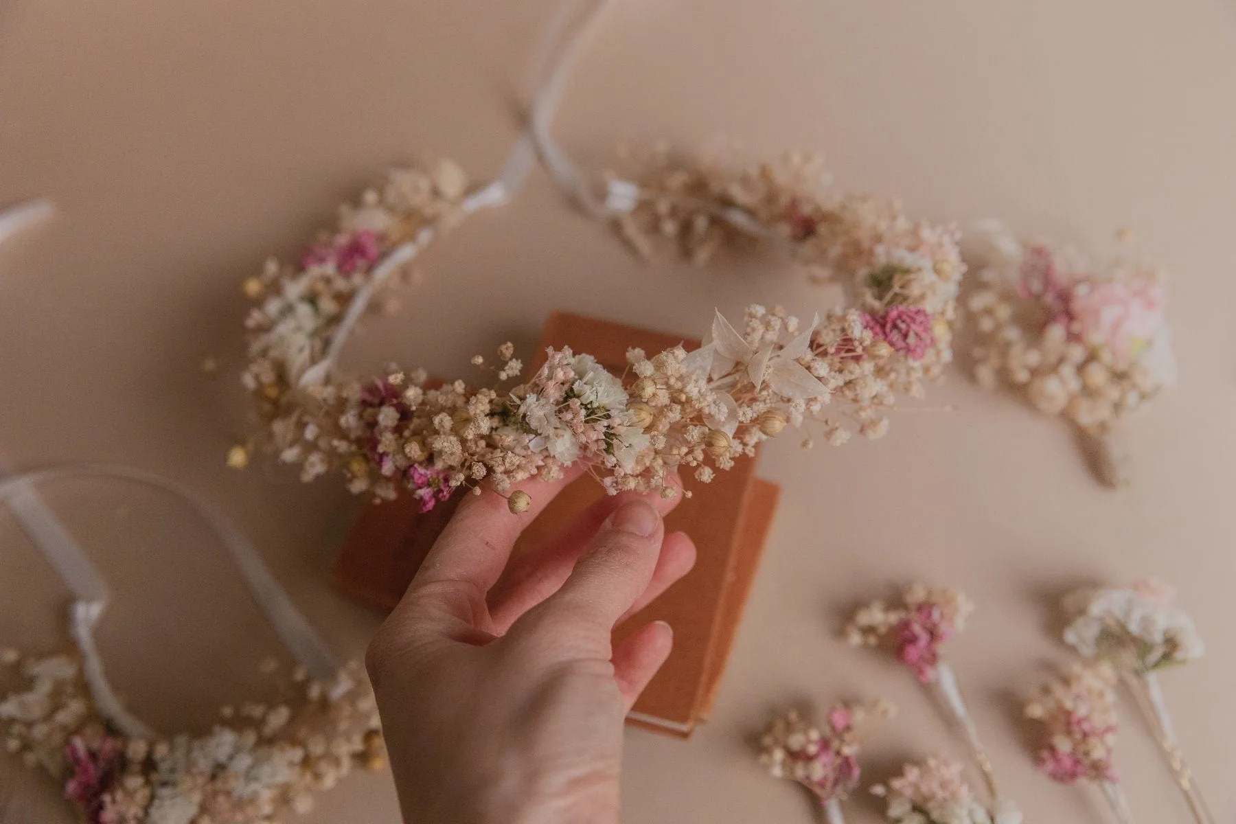 Dried Gypsophila & Pink Details Bridal Boho Wedding Crown / Real Dried Flower Crown / Boho Flower Crown