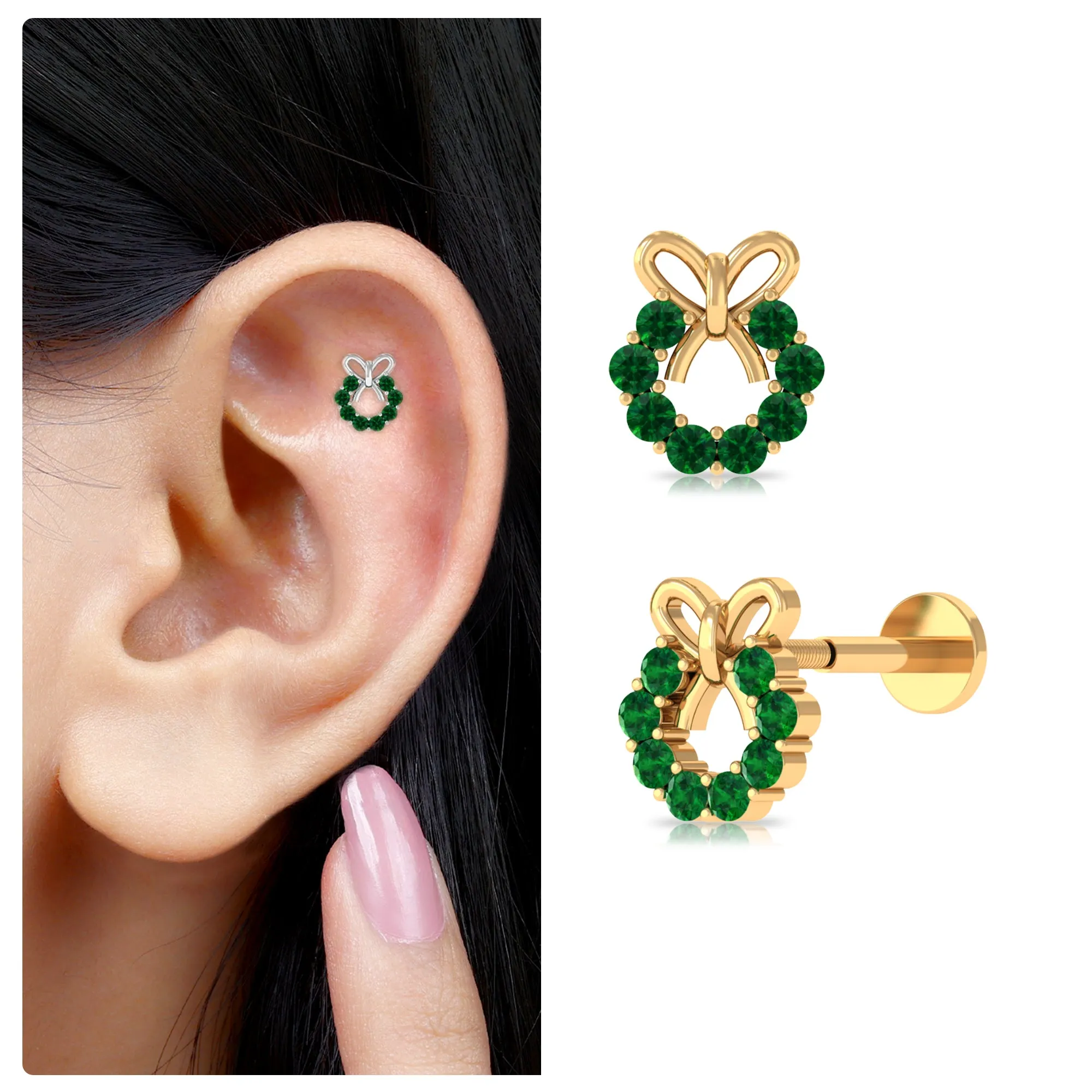 Emerald Christmas Wreath and Gold Bow Earring