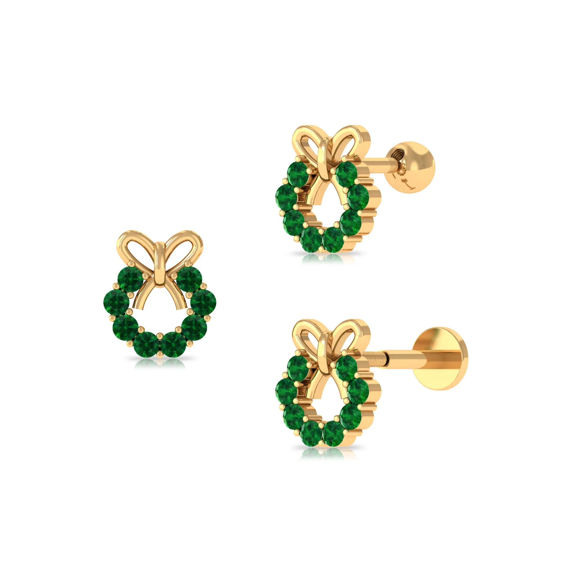 Emerald Christmas Wreath and Gold Bow Earring