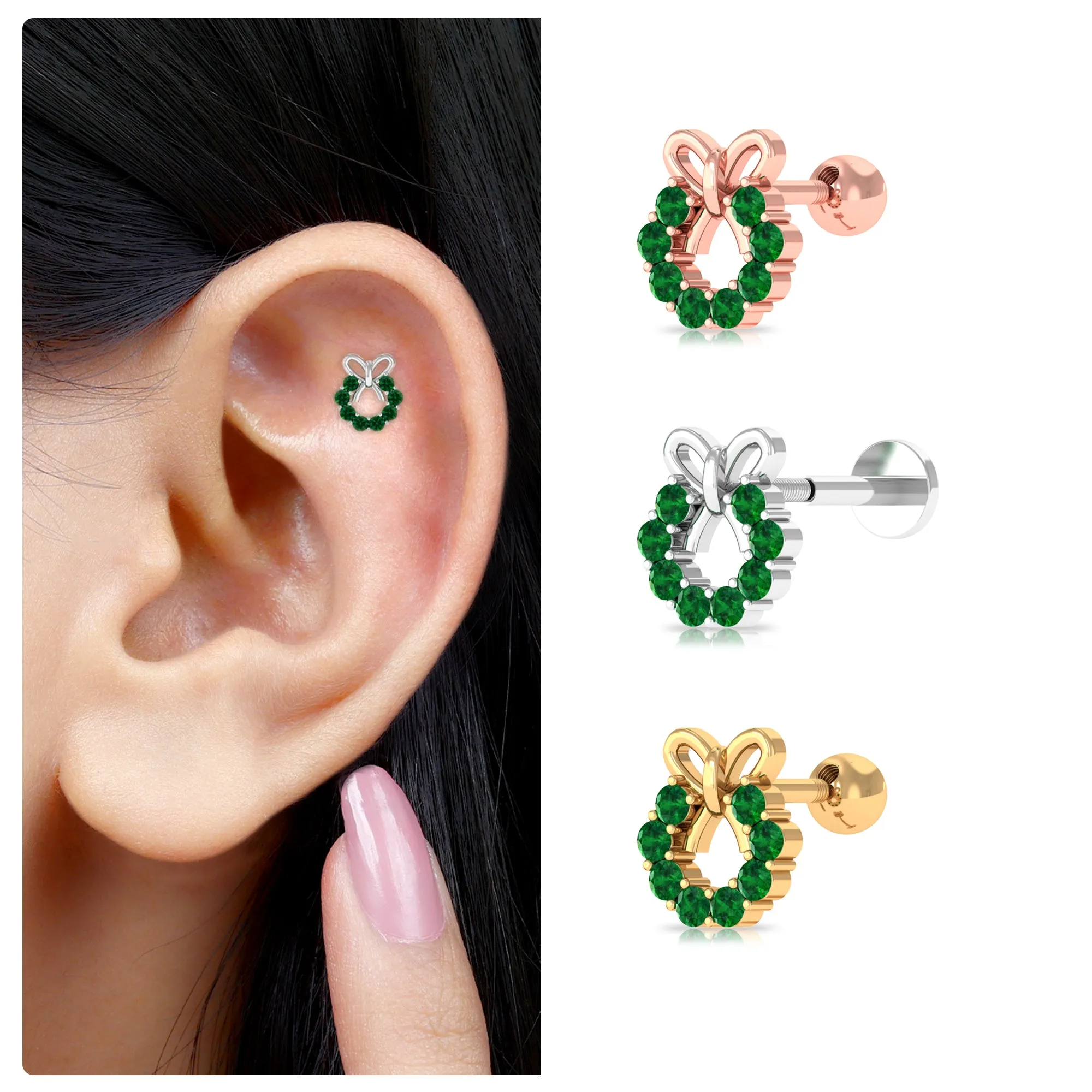 Emerald Christmas Wreath and Gold Bow Earring
