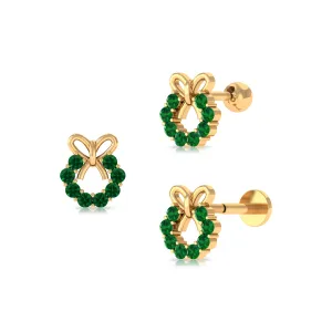 Emerald Christmas Wreath and Gold Bow Earring
