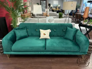 Emerald Green Convertible Sofa W/Channel Tufted Back, Brass Plated Detailing