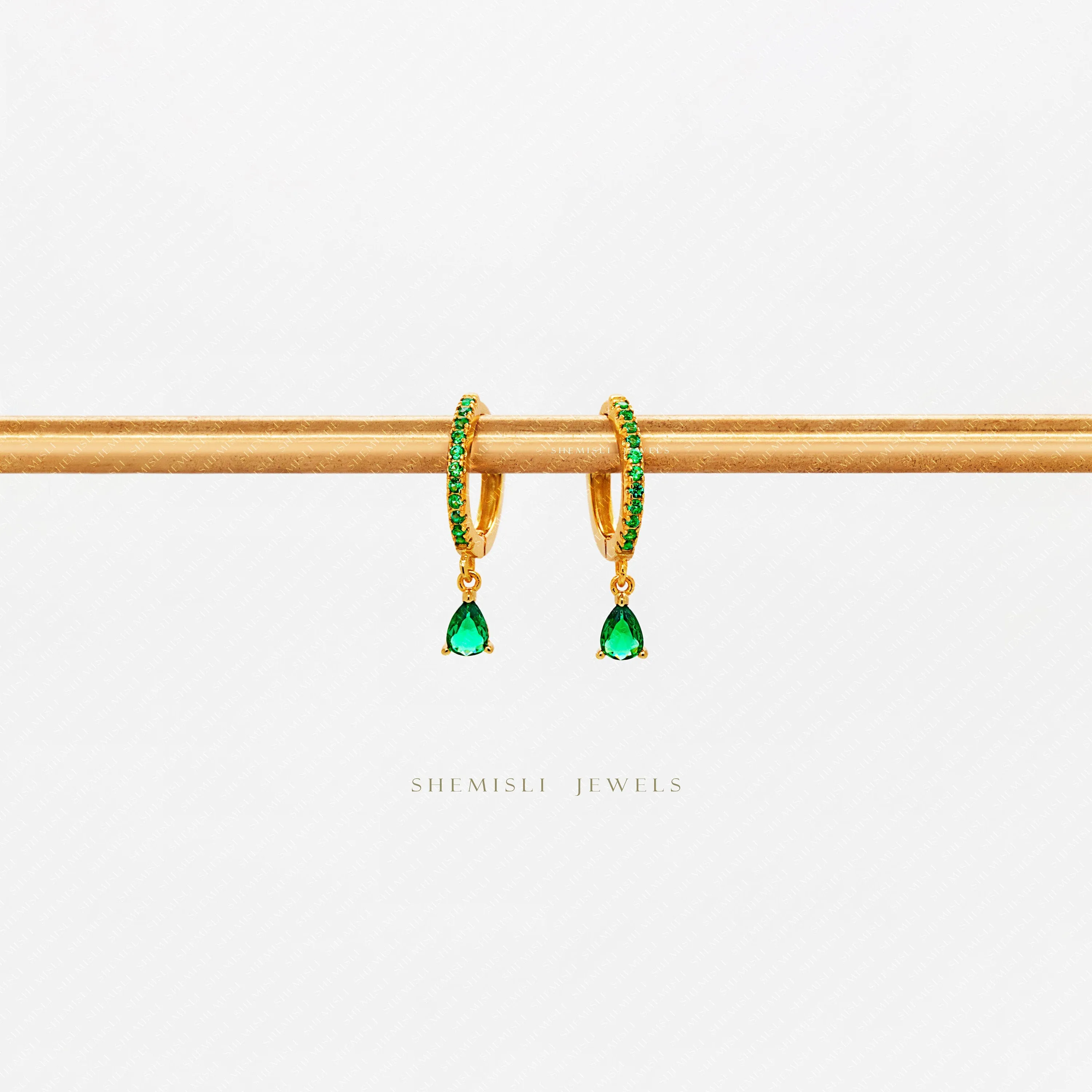 Emerald Teardrop CZ Drop Hoop Earrings, Huggies, Unisex, Gold, Silver SHEMISLI SH017