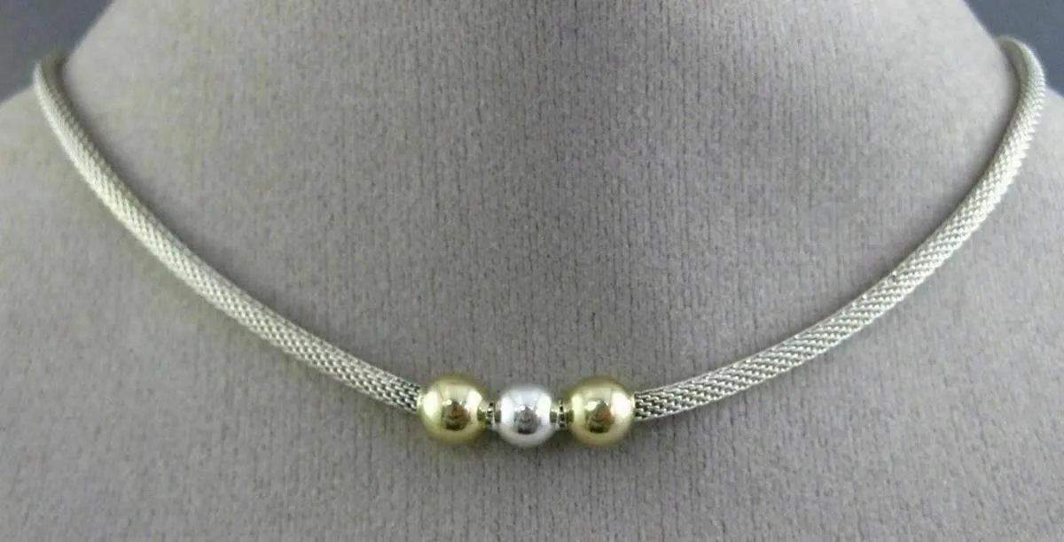 ESTATE 14KT YELLOW GOLD & 925 SILVER BEADED PAST PRESENT FUTURE NECKLACE #26204