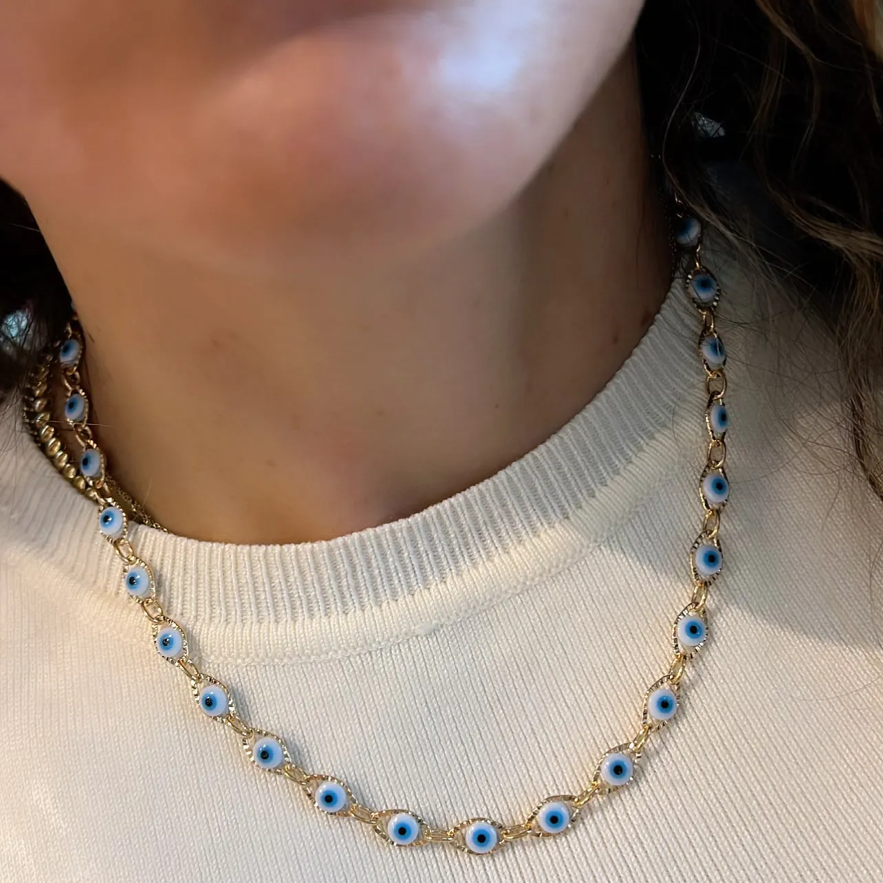 Evil Eye On Gold Diamond Cut Halo Necklace