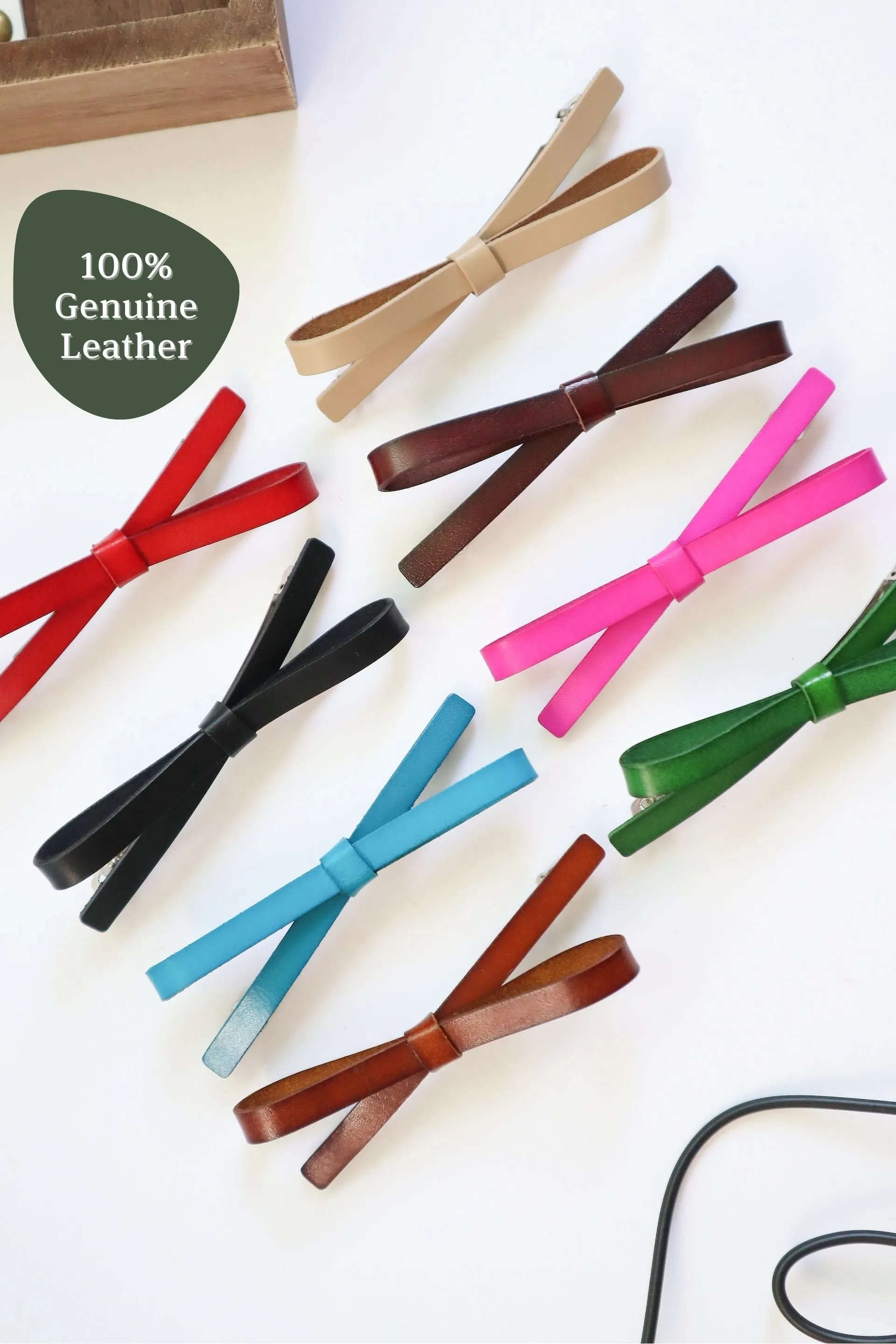 Finest Genuine Leather Handmade Bow Automatic Clasp Hair Clip, Long Barrette Ponytail Holder, Gift for Girls Women