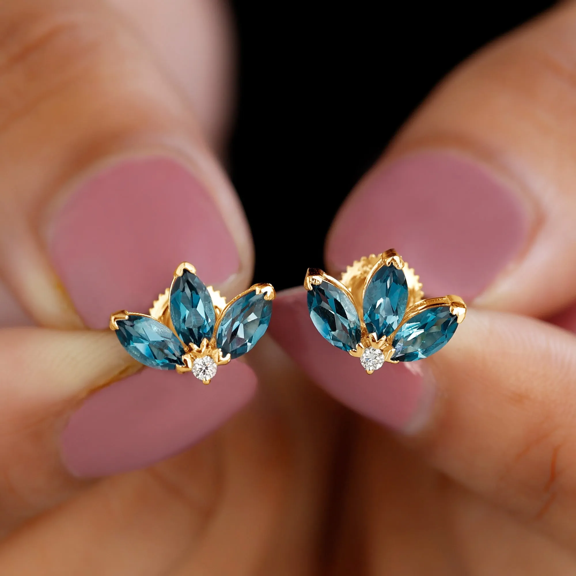 Floral Stud Earrings with London Blue Topaz and Moissanite