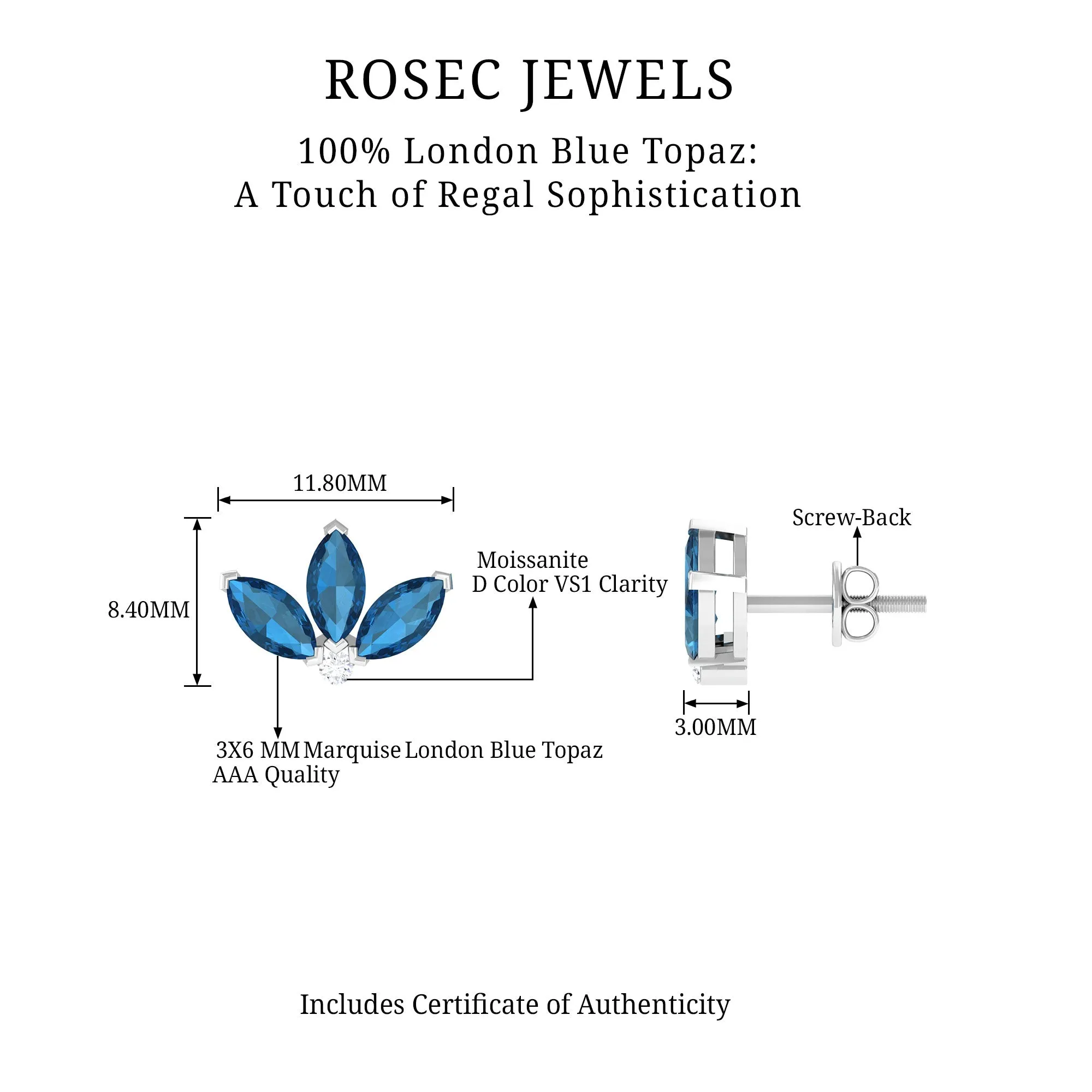 Floral Stud Earrings with London Blue Topaz and Moissanite