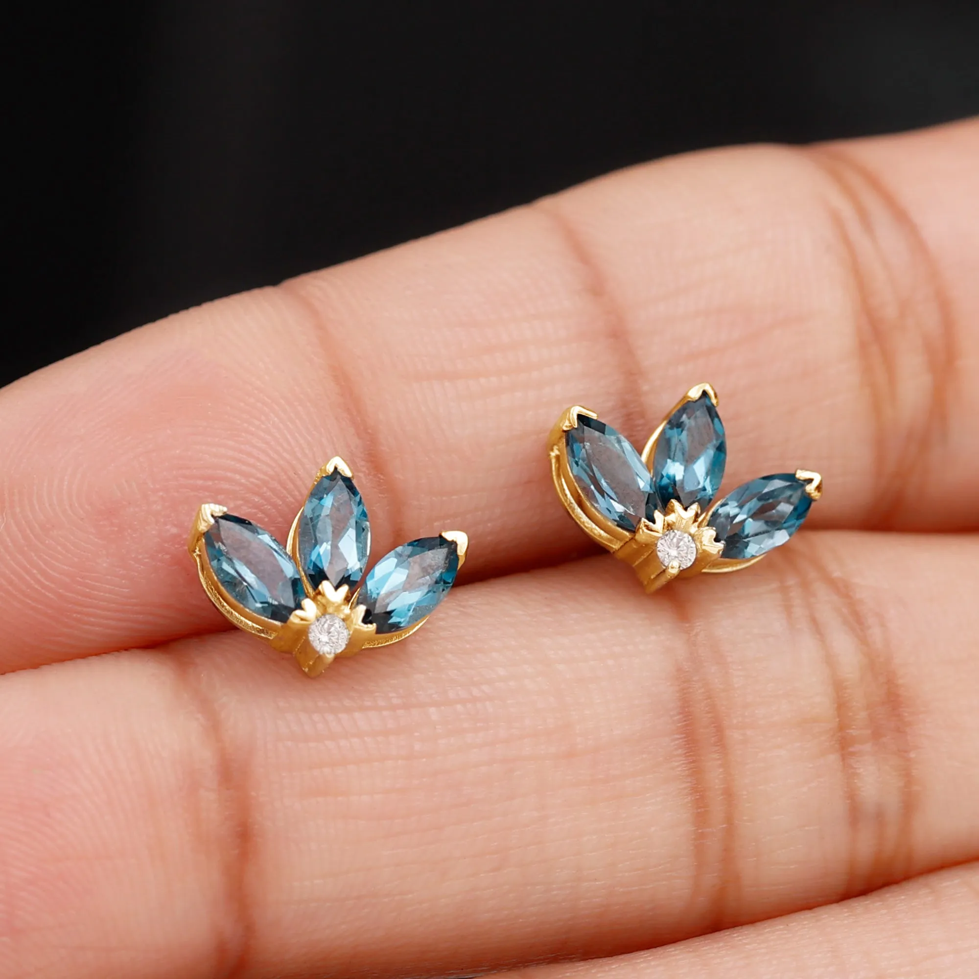 Floral Stud Earrings with London Blue Topaz and Moissanite