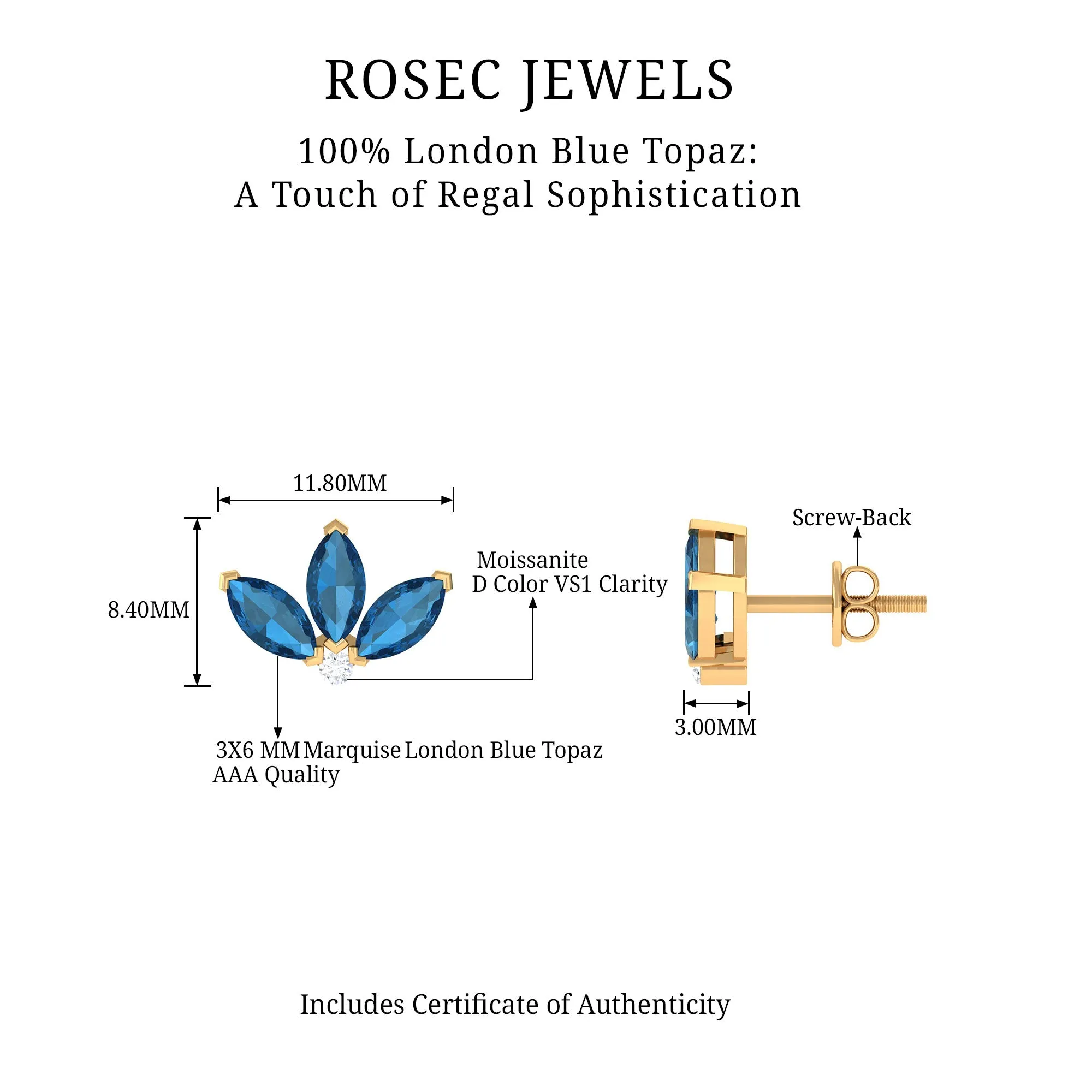 Floral Stud Earrings with London Blue Topaz and Moissanite