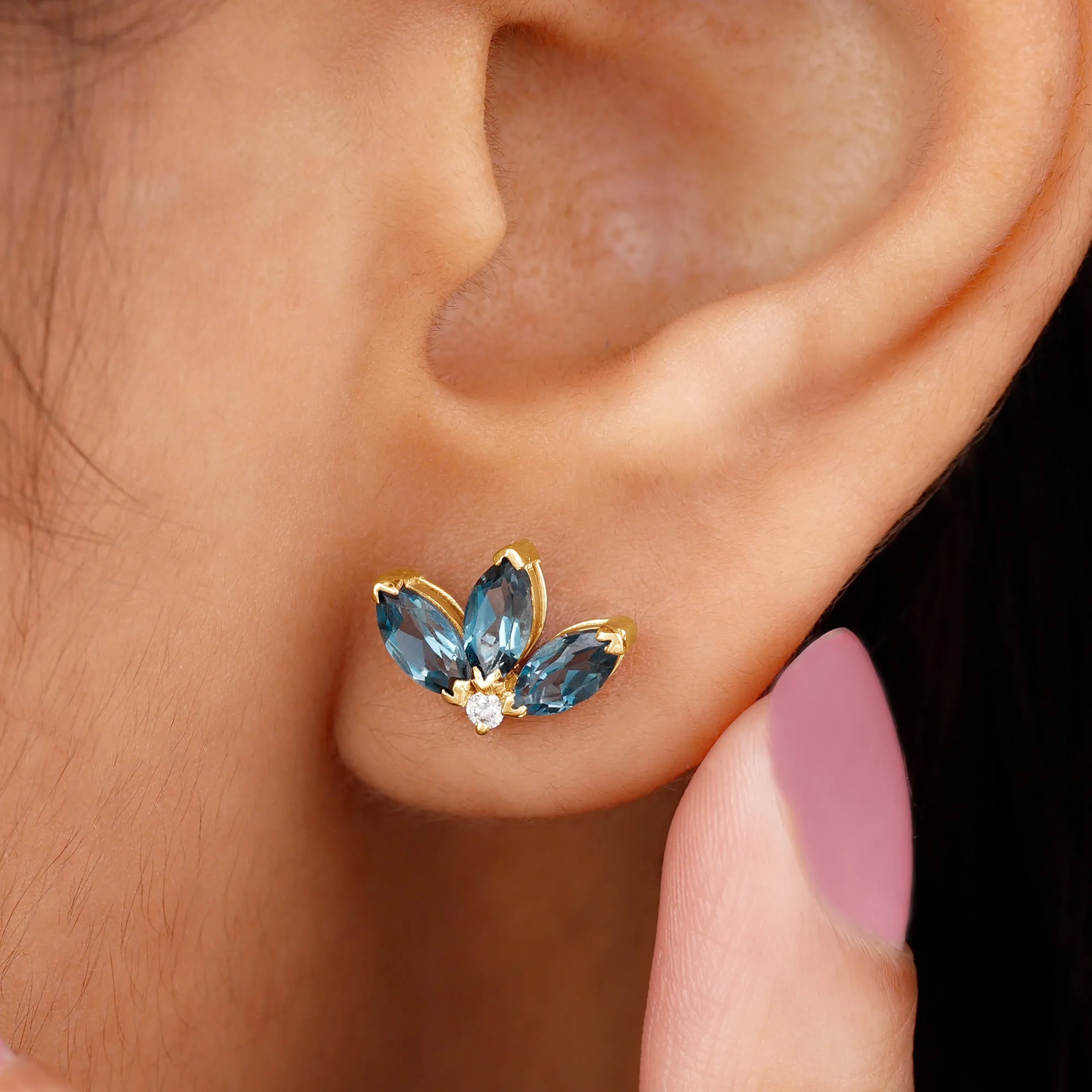 Floral Stud Earrings with London Blue Topaz and Moissanite