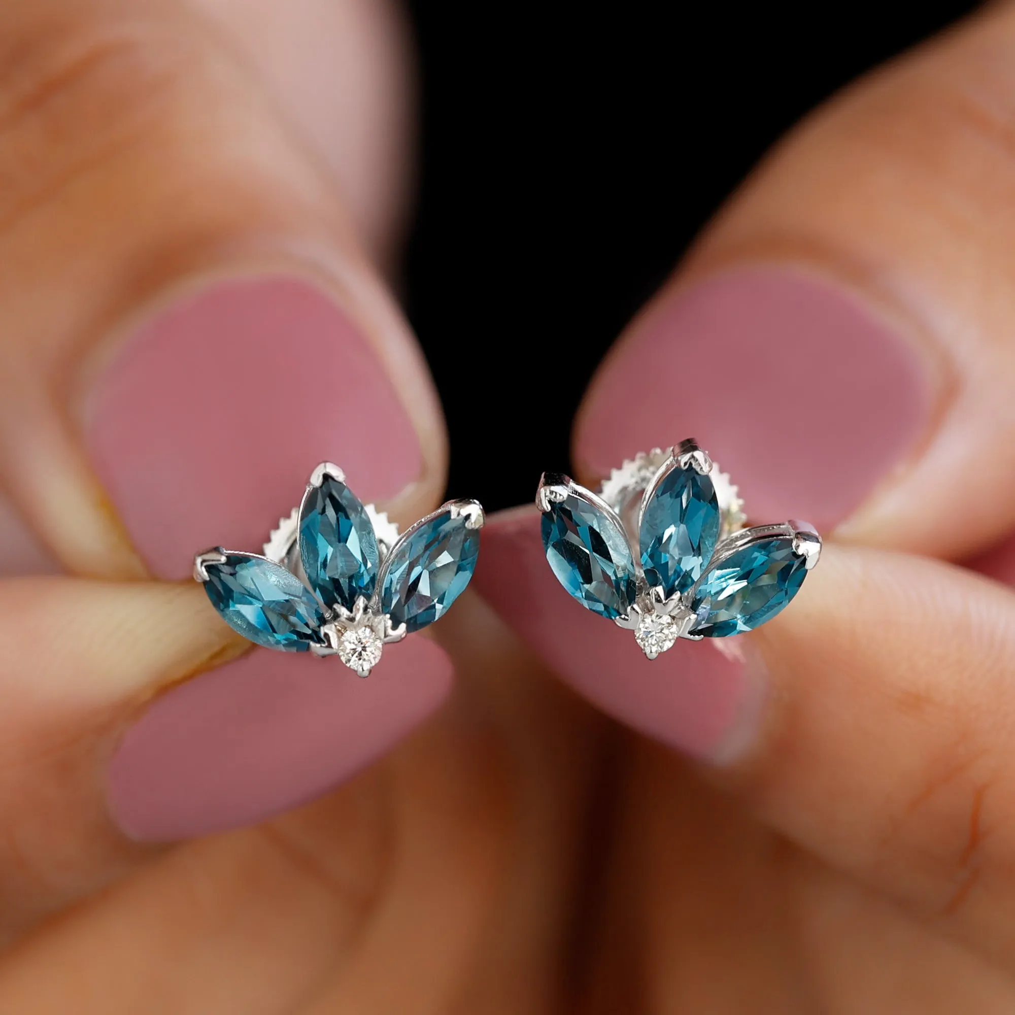 Floral Stud Earrings with London Blue Topaz and Moissanite