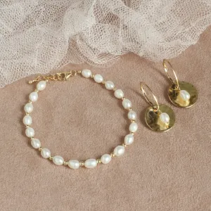 Freshwater Pearl & Gold Bead Bracelet & Earring Set