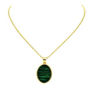 Gold Filled Ball Chain Necklace with Malakite Oval Pendant