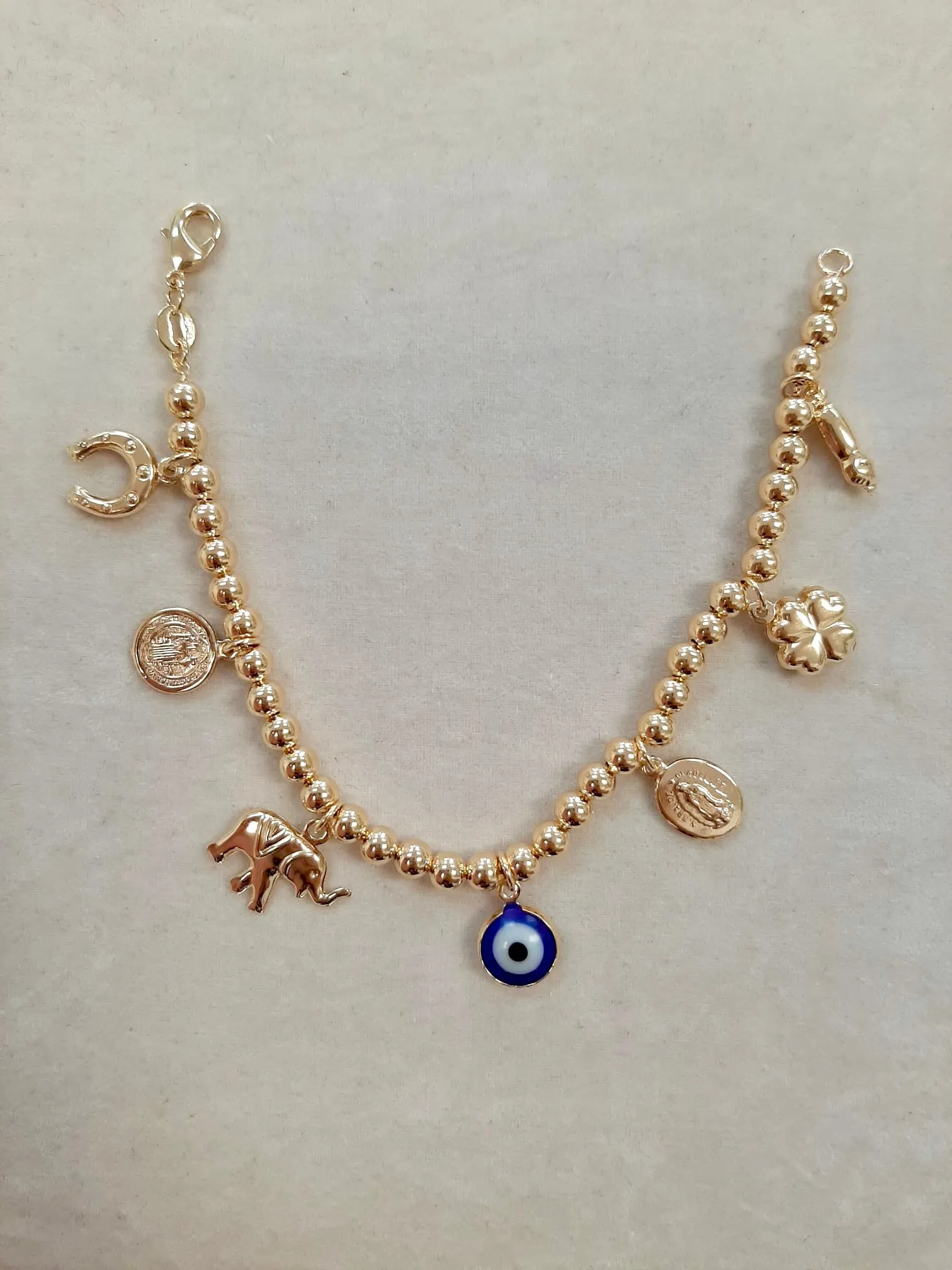 Good Luck Womens Bracelet Guadalupe San Judas Evil Eye Elephant Four Leaf Clover HorseShoe 7.5" 10g