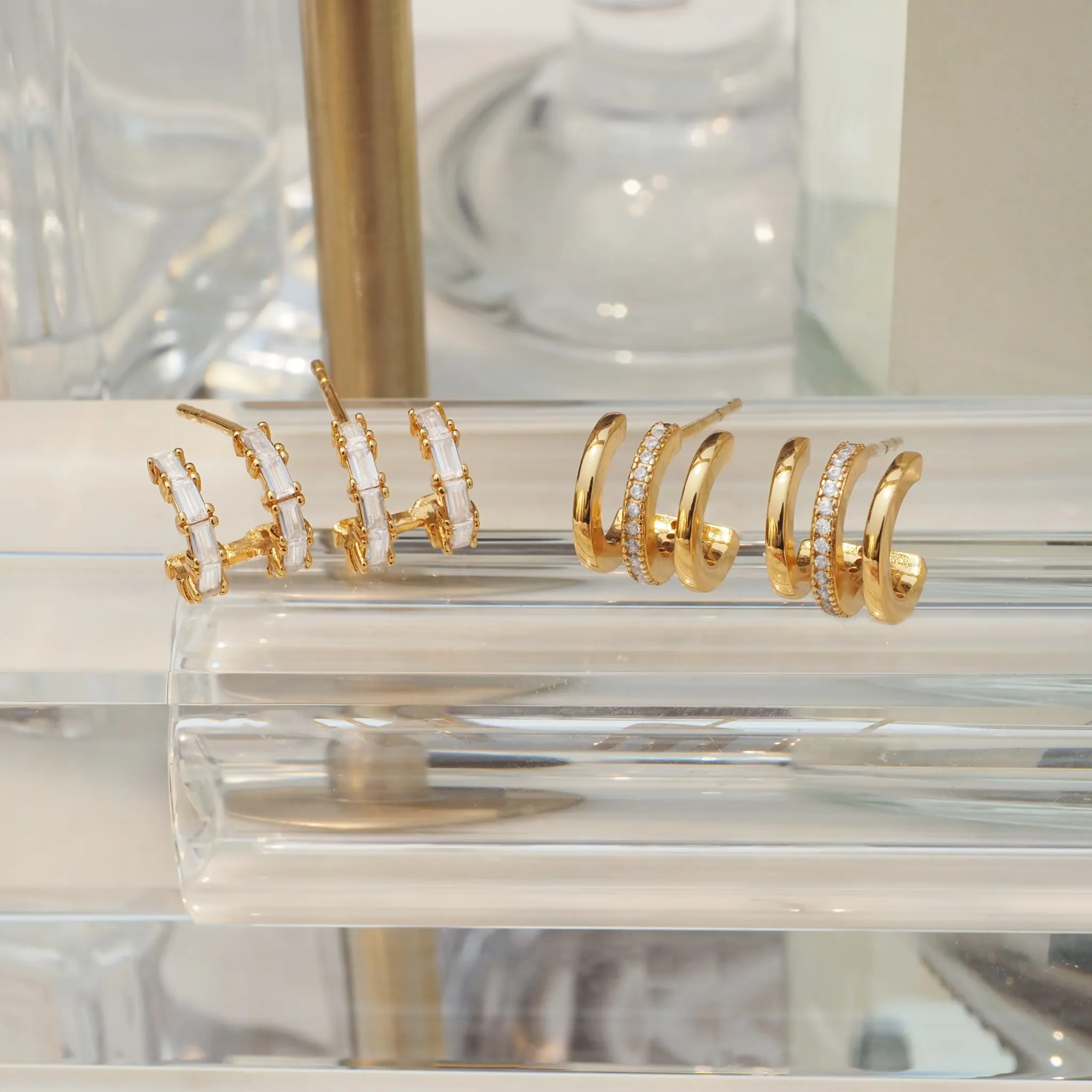 Half Crystal Triple Bar Stud Earrings