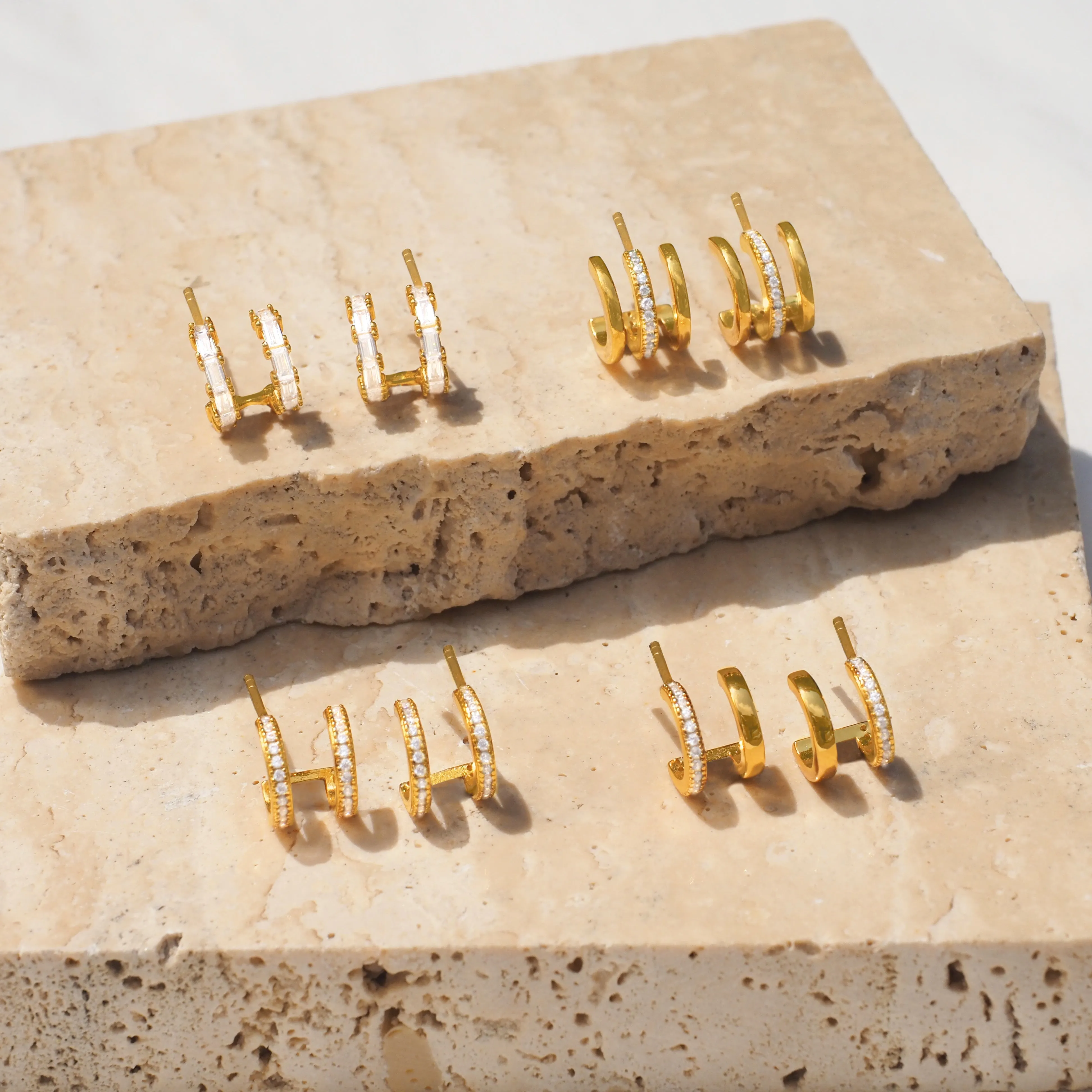 Half Crystal Triple Bar Stud Earrings