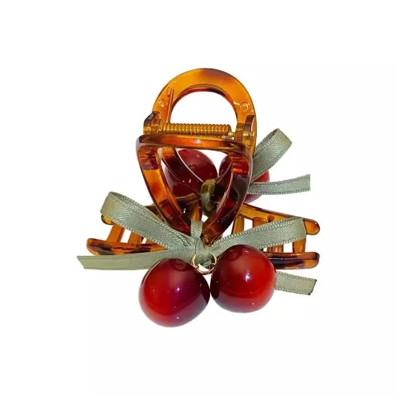 High-grade Cherry Half Tie Grab Clip Women's Back Of Head Red Hairpin Hairpin   Hair Shark Clip Headwear