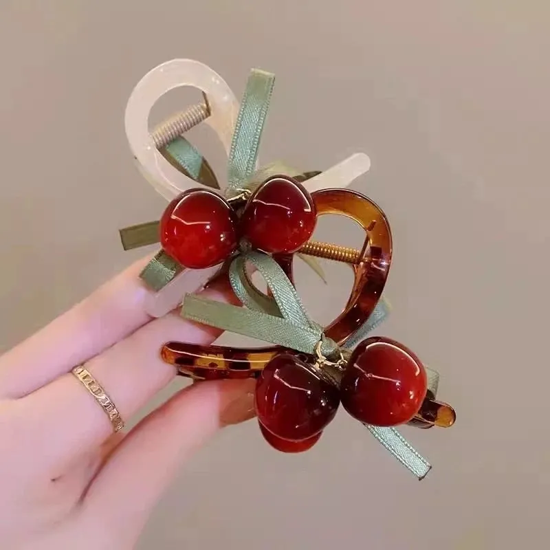 High-grade Cherry Half Tie Grab Clip Women's Back Of Head Red Hairpin Hairpin   Hair Shark Clip Headwear