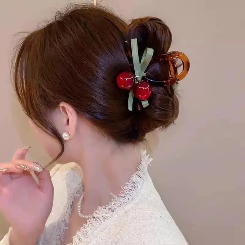 High-grade Cherry Half Tie Grab Clip Women's Back Of Head Red Hairpin Hairpin   Hair Shark Clip Headwear