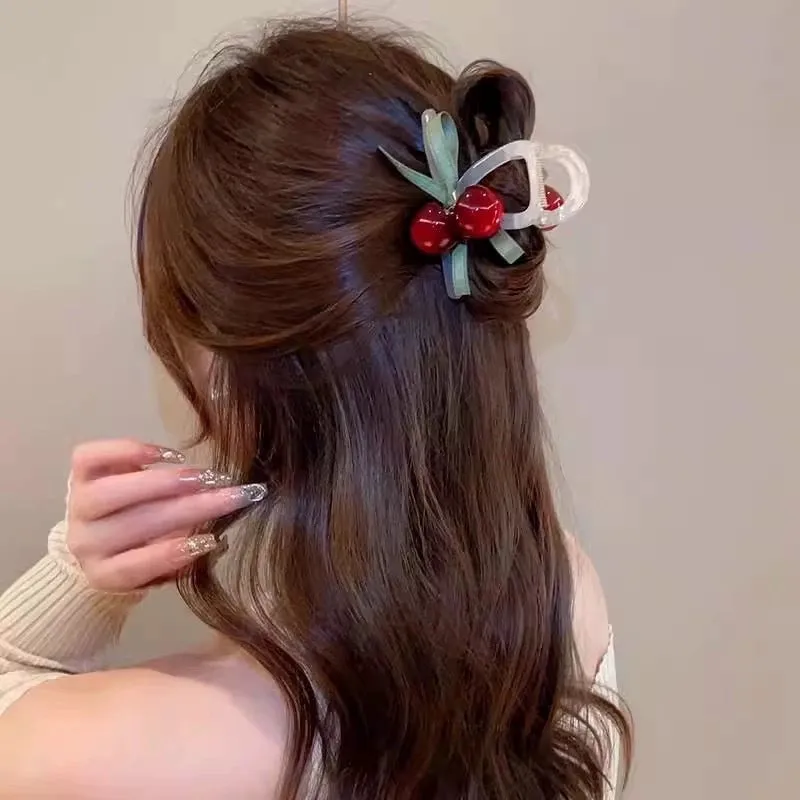 High-grade Cherry Half Tie Grab Clip Women's Back Of Head Red Hairpin Hairpin   Hair Shark Clip Headwear