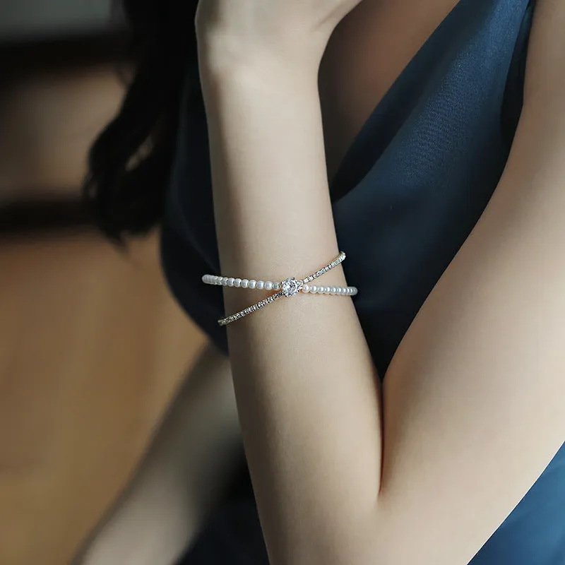 Ins Wind Pearl Cross Diamond Bracelet