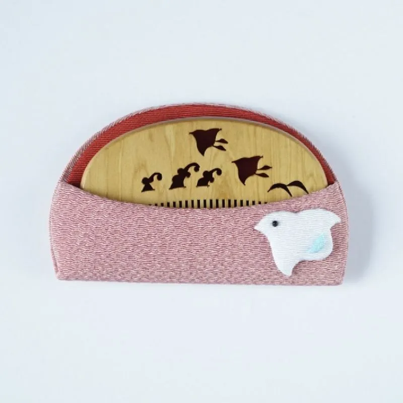 Japanese Akane (Madder) Comb with Chirimen (Crepe Fabric) Case - Plover - ,  Made in Kyoto, Japan,  Japanese traditional hair comb