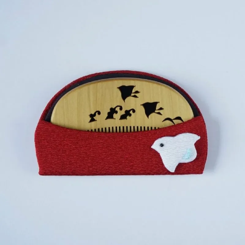 Japanese Akane (Madder) Comb with Chirimen (Crepe Fabric) Case - Plover - ,  Made in Kyoto, Japan,  Japanese traditional hair comb
