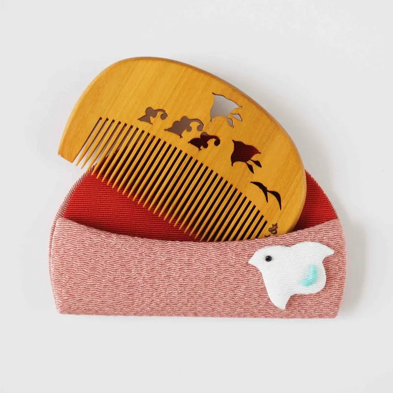 Japanese Akane (Madder) Comb with Chirimen (Crepe Fabric) Case - Plover - ,  Made in Kyoto, Japan,  Japanese traditional hair comb