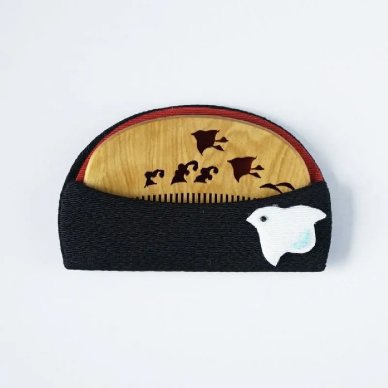 Japanese Akane (Madder) Comb with Chirimen (Crepe Fabric) Case - Plover - ,  Made in Kyoto, Japan,  Japanese traditional hair comb