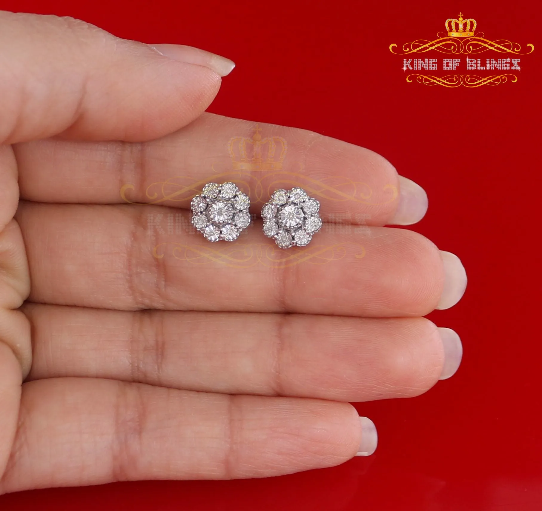 King Of Bling's 0.03ct Diamond 925 Sterling Silver White Floral Earrings For Men's & Women's
