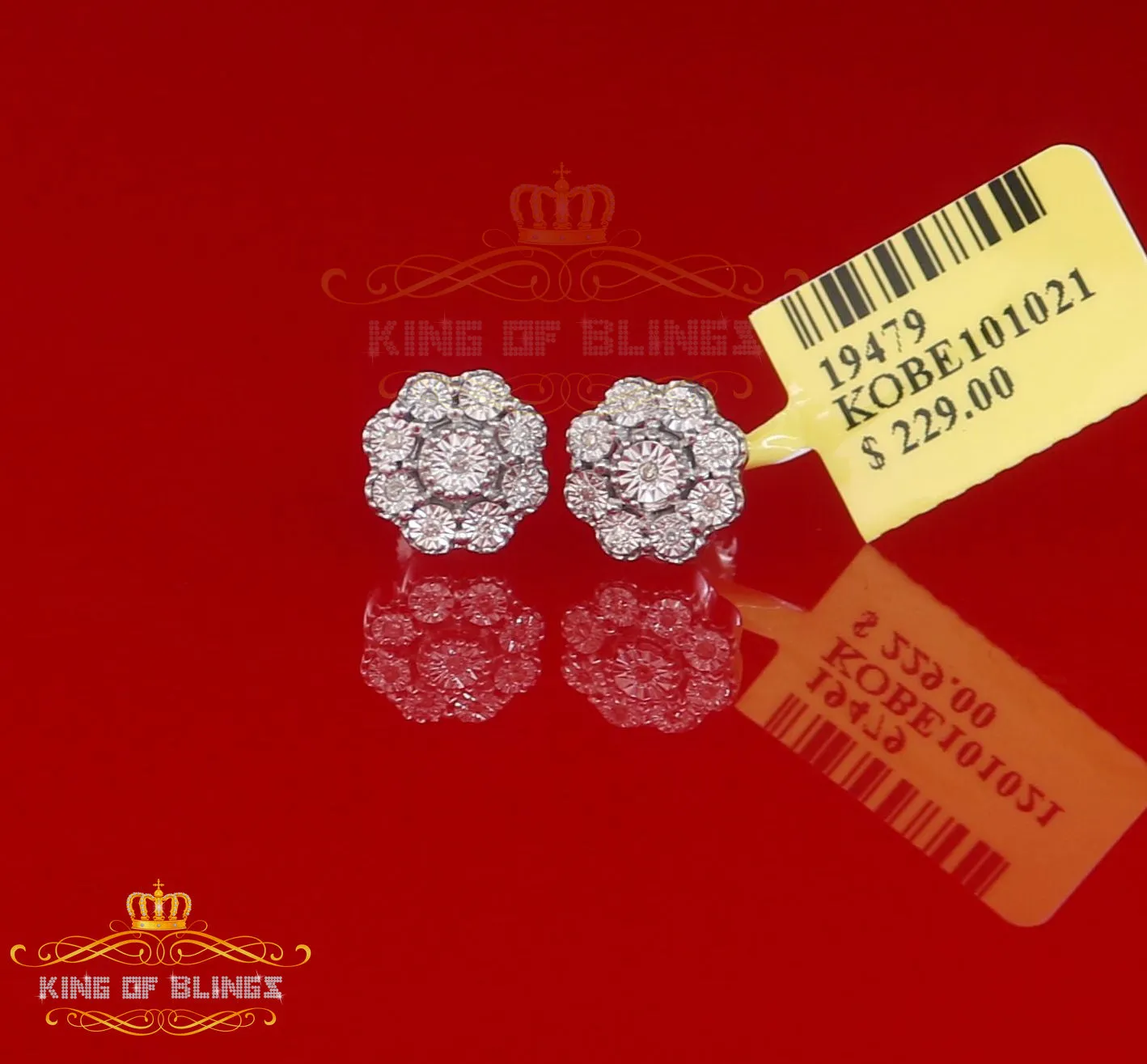 King Of Bling's 0.03ct Diamond 925 Sterling Silver White Floral Earrings For Men's & Women's